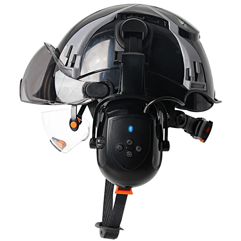CE Hard Hat | Bluetooth Earmuffs & Built-in Goggles | ABS Construction Work Safety - Thumbnail 2