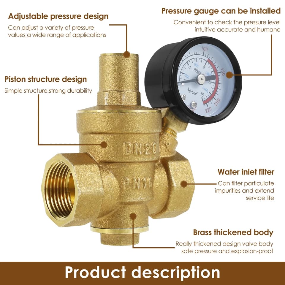 Adjustable Hot Water Pressure Reducing Valve | DN20/DN15 with Gauge | 3/4" 1/2" Universal - Thumbnail 2