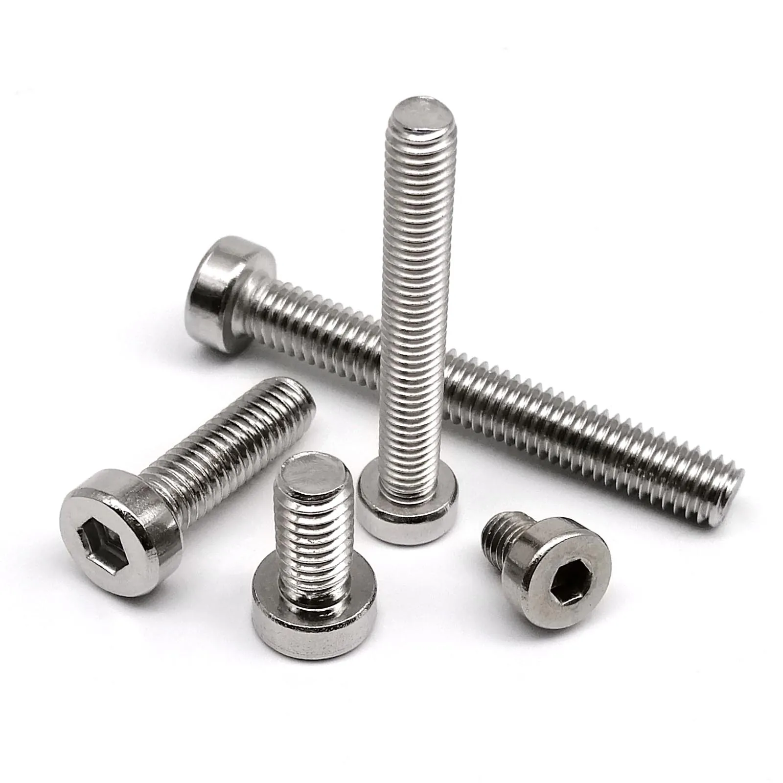 304 stainless steel Allen socket head cap bolts with low profile heads, available in various sizes from M2 to M8 and lengths from 3-100mm.