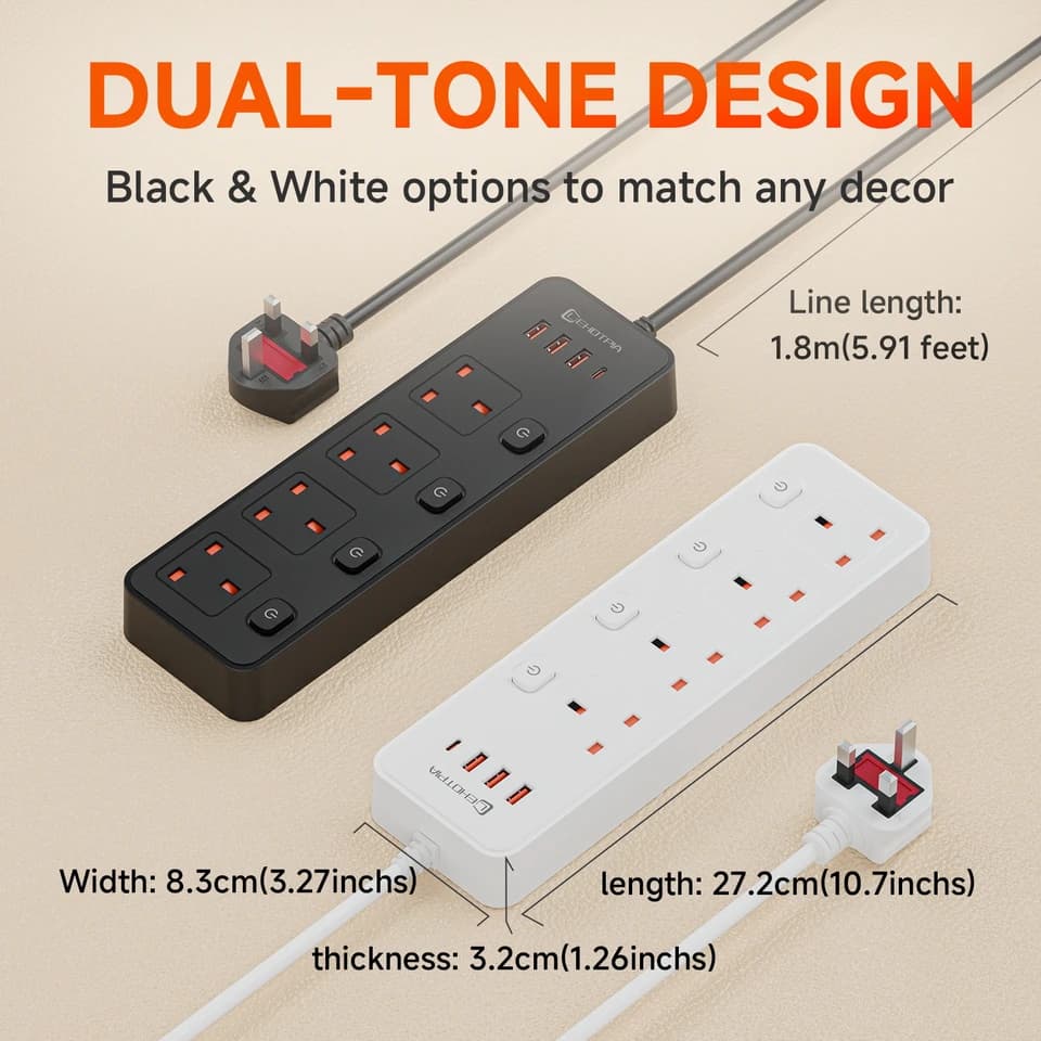 UK Plug Extension Lead | Switched Outlets & USB-C | 1.8m Cable, Surge Protected - Thumbnail 7