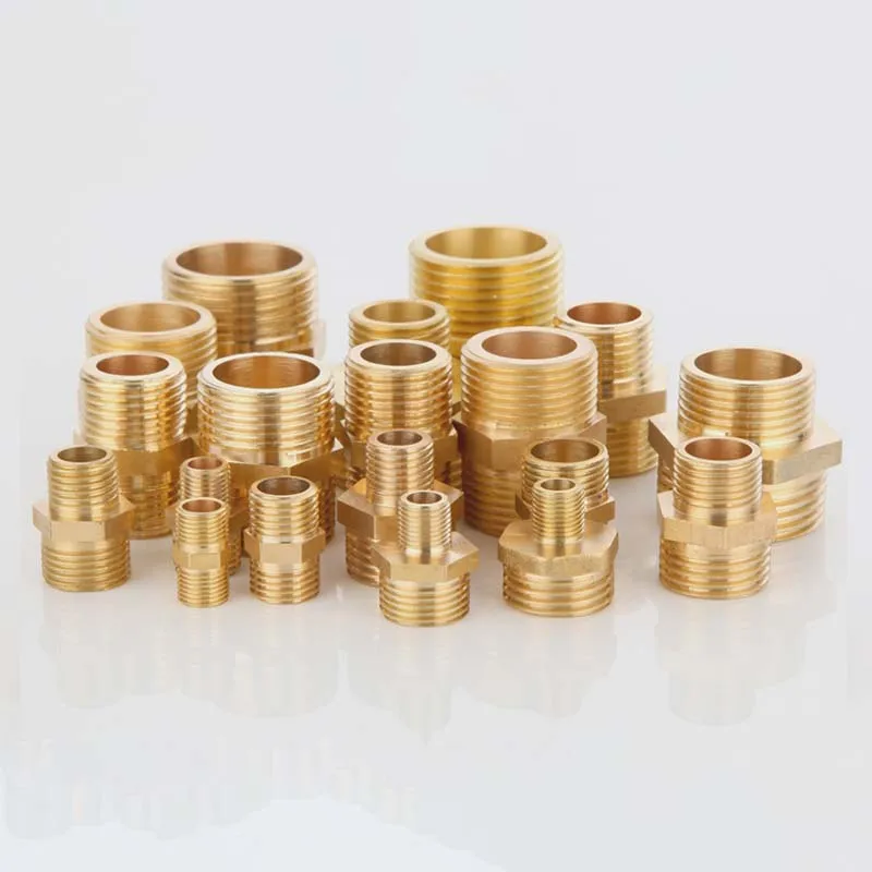 Brass pipe hex nipple fitting quick adapter with 1/8 inch NPT threads for secure plumbing and HVAC connections.