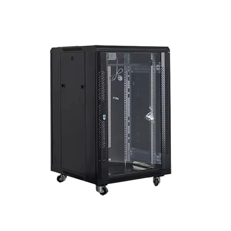 Customized 19-inch server rack cabinet with tempered glass door, available in 12U to 18U sizes for network data center equipment.