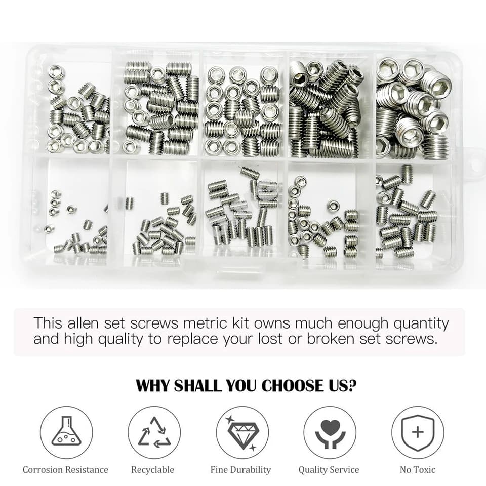 Screws Assortment | M3-M8 Stainless Steel Hex | 200pc Cup Point Set - Thumbnail 2