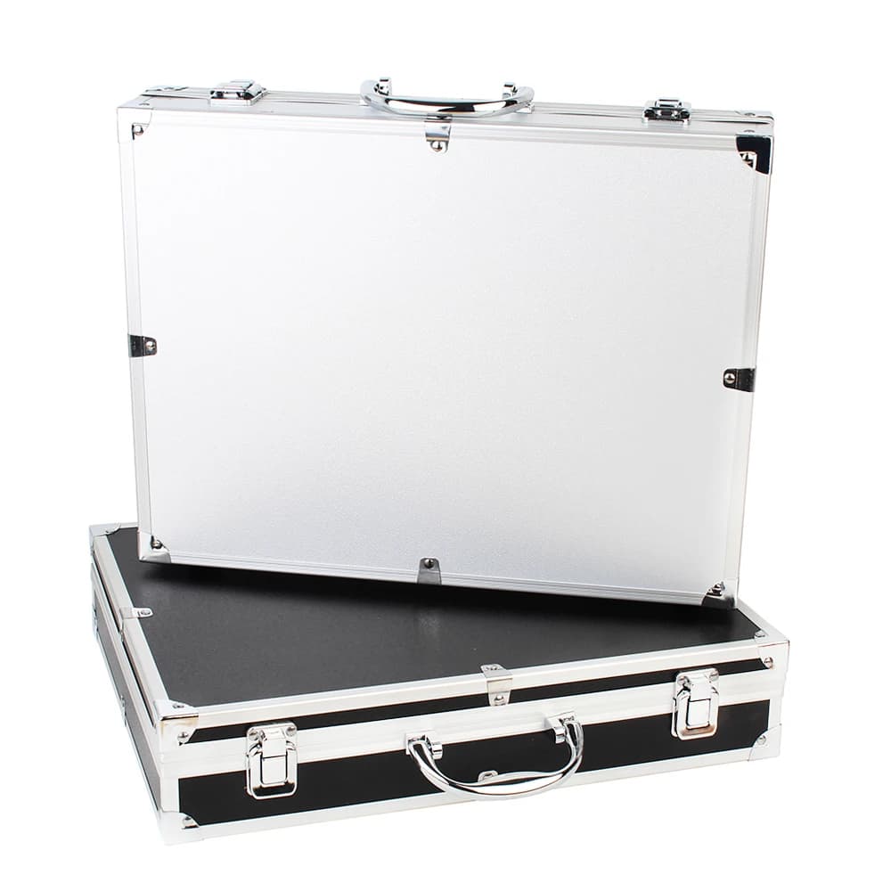 Large aluminum equipment case serving as a portable toolbox organizer and hard storage suitcase for tools and instruments.