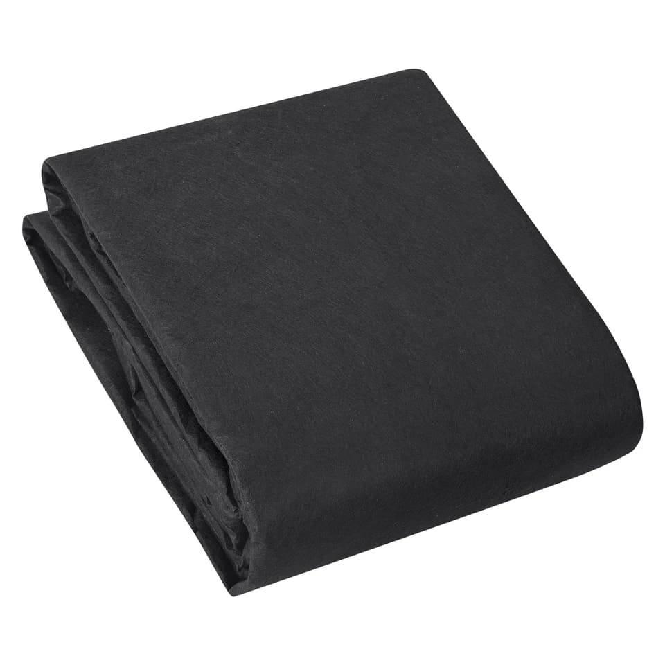 Non-woven geotextile membrane, black and folded, on a white background.