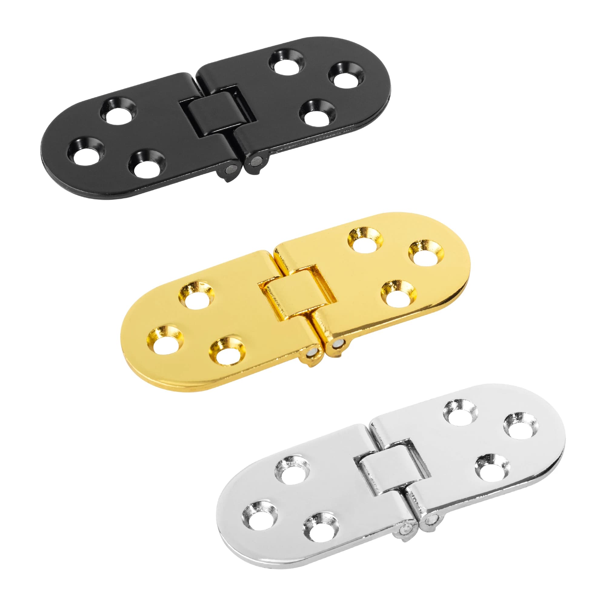 Two-piece self-supporting folding hinges for flush-mounted table cabinets and kitchen furniture doors.