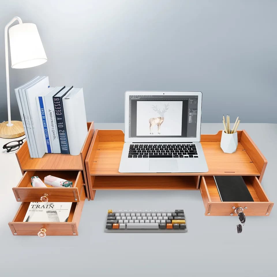 Wood Monitor Stand with Drawers | Desktop Laptop Riser | Phone Holder - Thumbnail 4
