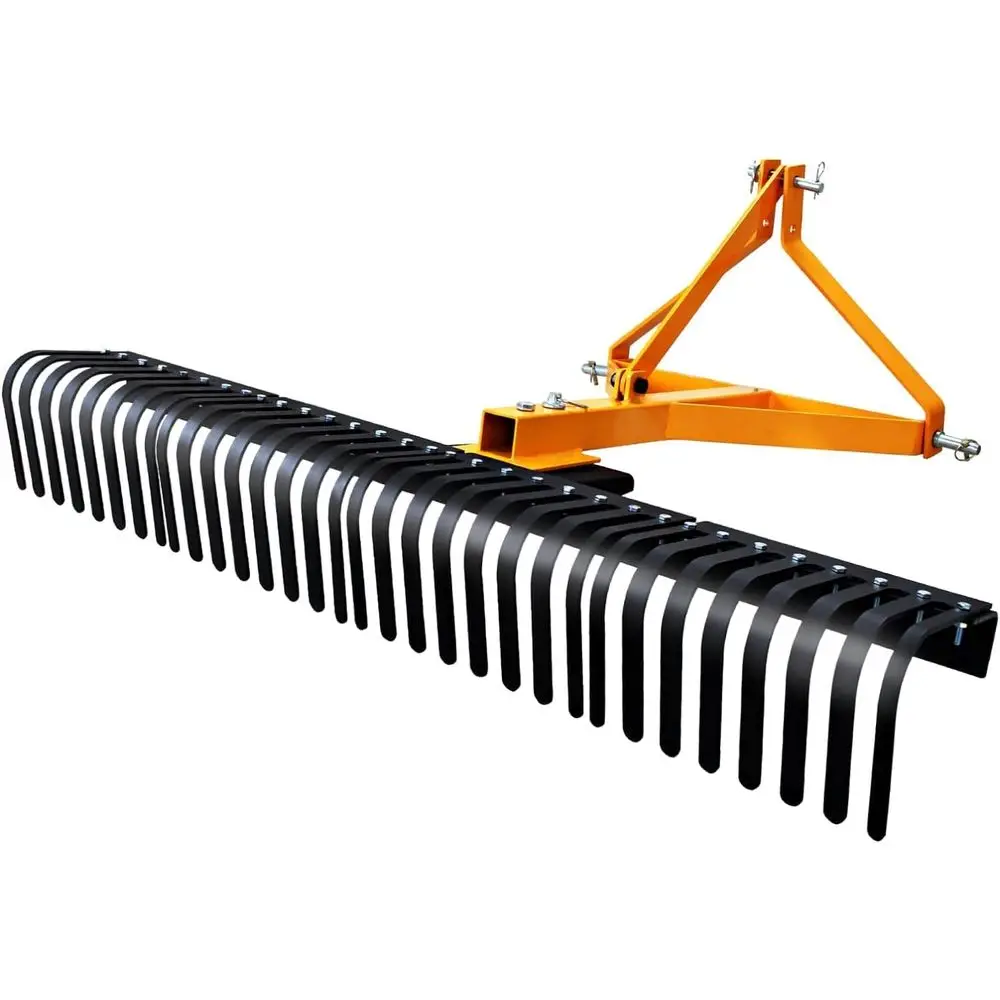 Heavy-duty 3.5-foot landscape rock rake for tractors with 360-degree rotating tow-behind design and durable tines.
