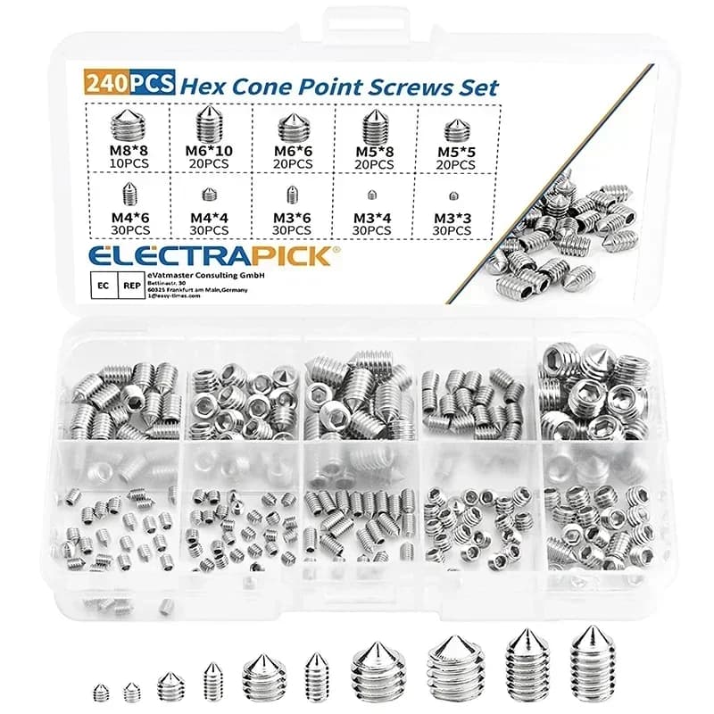 Steel Grub Screws | 240pc Hex Socket Set | M3-M8 Cone Point Fasteners - Thumbnail 2