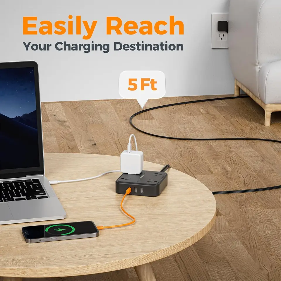 TESSAN Flat Extension Lead | 5ft Cord with USB-C | AC Outlets & Network Filter - Thumbnail 6