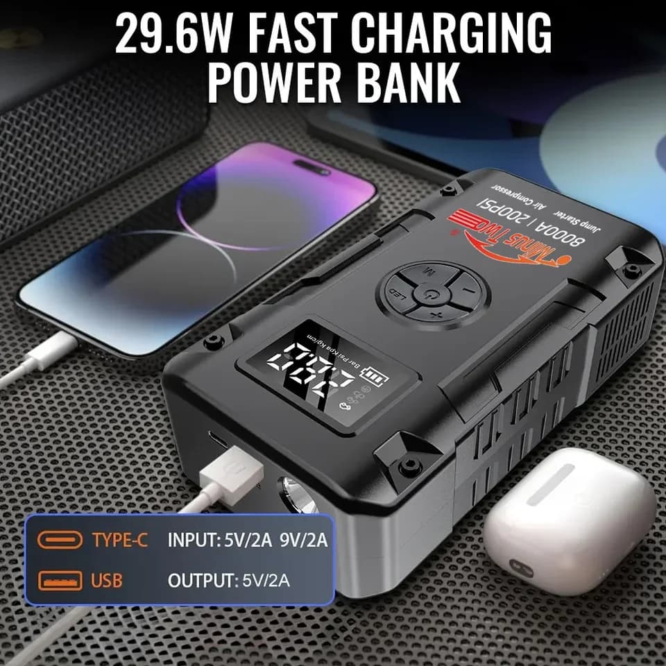 4-in-1 Car Jump Starter with Air Compressor | 4000A Peak | 200 PSI Tire Inflator - Thumbnail 6