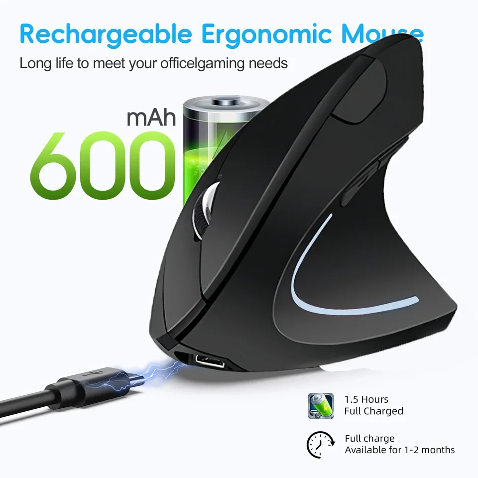 Ergonomic Mouse Dual Mode Wireless | 2.4G Bluetooth RGB 1600 DPI | Silent for PC Laptop - Thumbnail 7