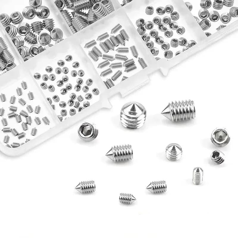 Steel Grub Screws: multiple items in a clear organiser with loose screws.