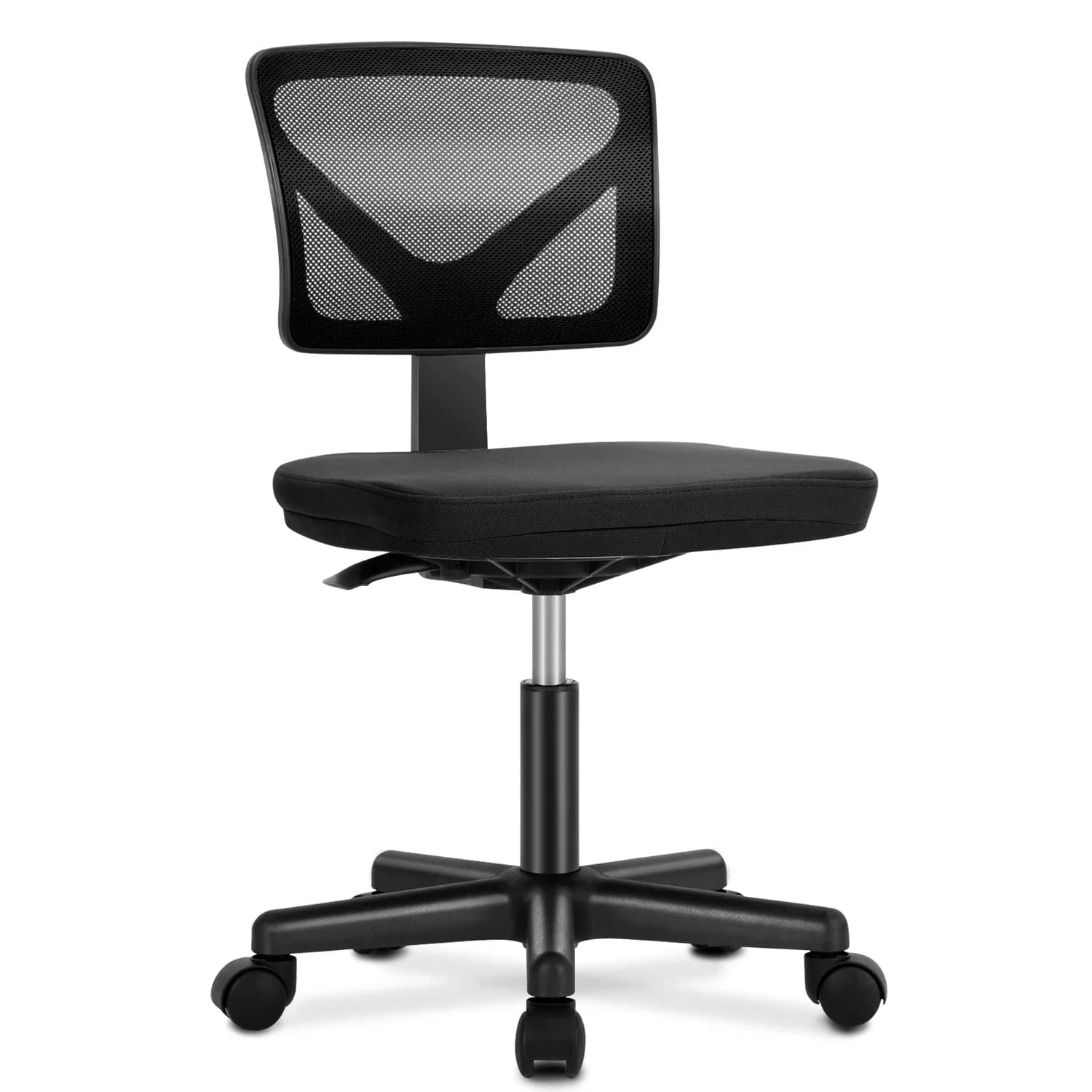 JHK armless office chair with mesh back, lumbar support, low-back design, adjustable height, and 360-degree swivel rolling wheels.