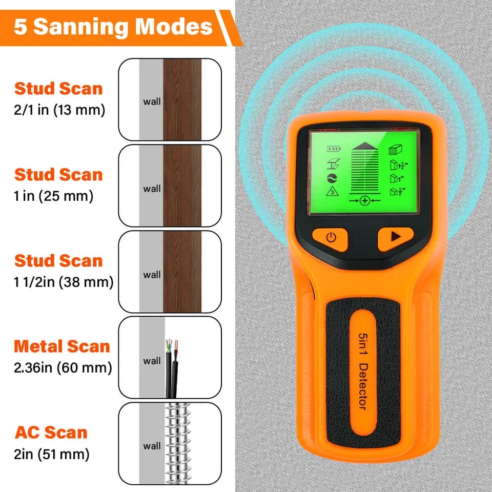 5-in-1 Stud Finder | Backlit Wall Scanner | Wood, AC Wire & Metal Detection - Thumbnail 4