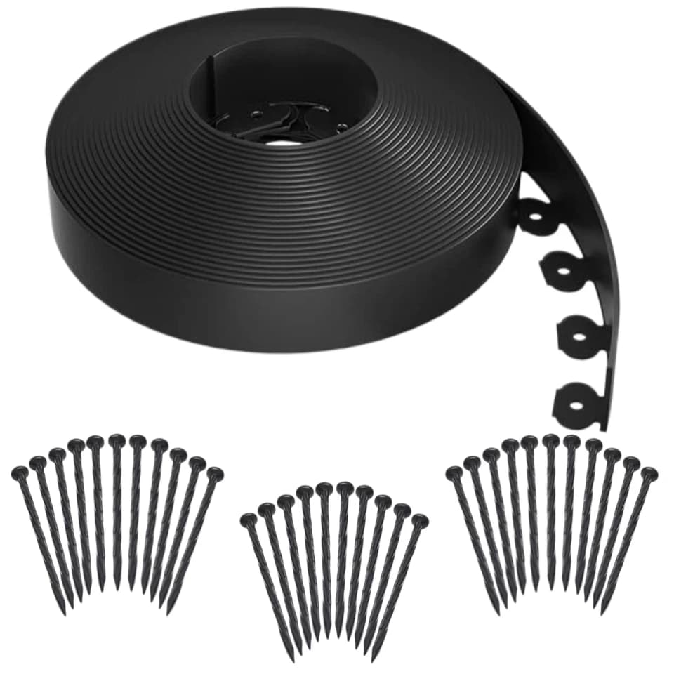 No-Dig Landscape Edging Fence Post Spike Kit: Black edging roll and three piles of nails.