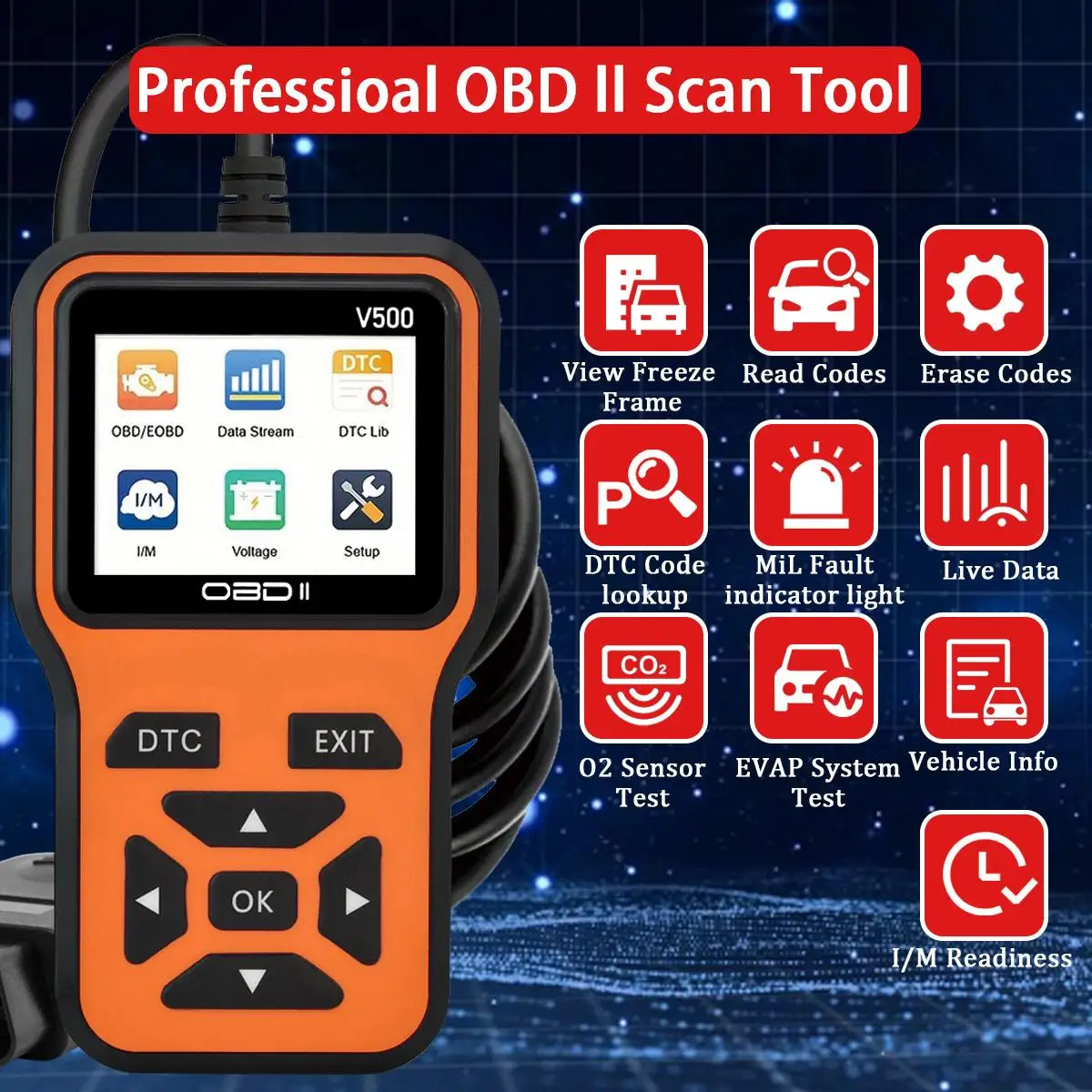 OBD2 Scanner Diagnostic Tool | Voltage & Battery Test | V500 Code Reader - Thumbnail 2