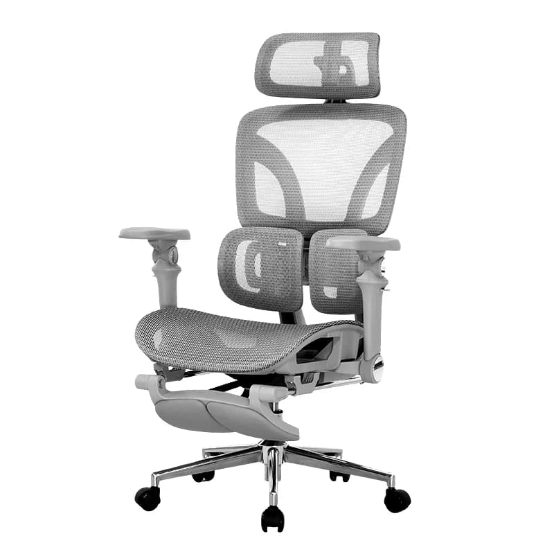 Modern ergonomic swivel chair with high mesh back, built-in footrest, recline function, and height adjustment for office or gaming.