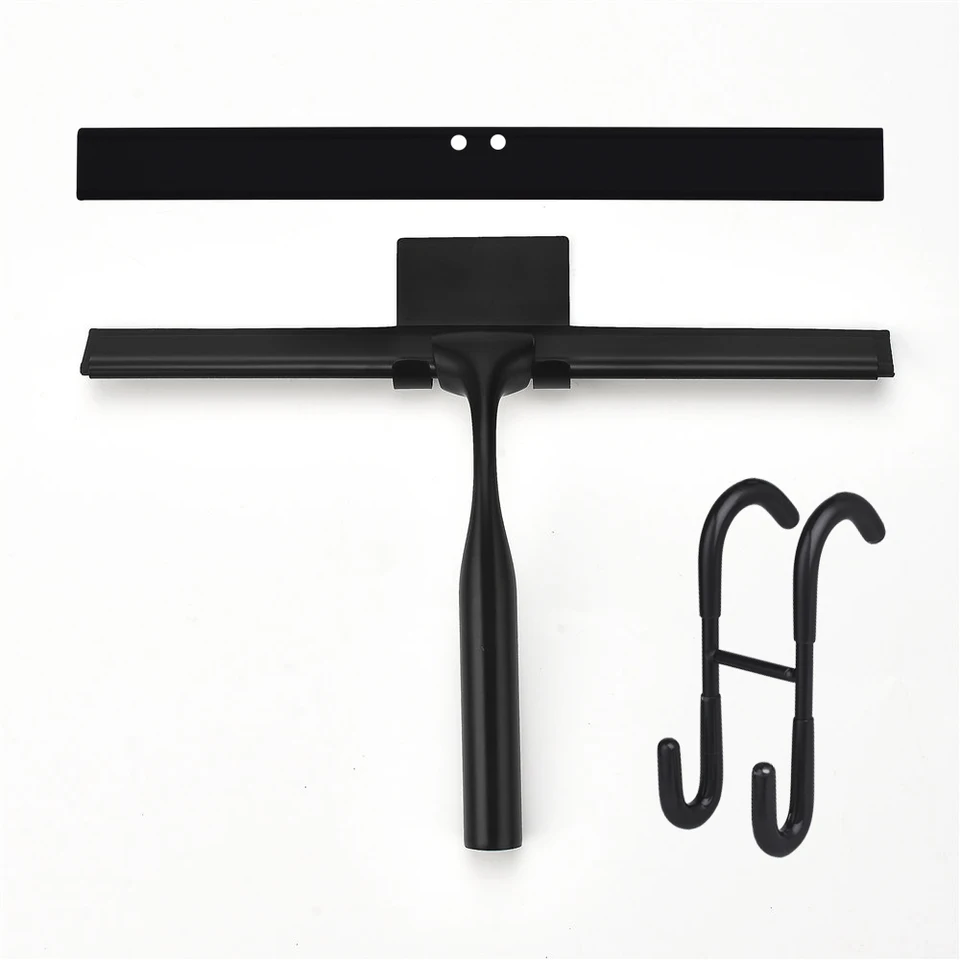 Window Cleaning Kit with Pole: Black squeegee and two hooks on a white background.