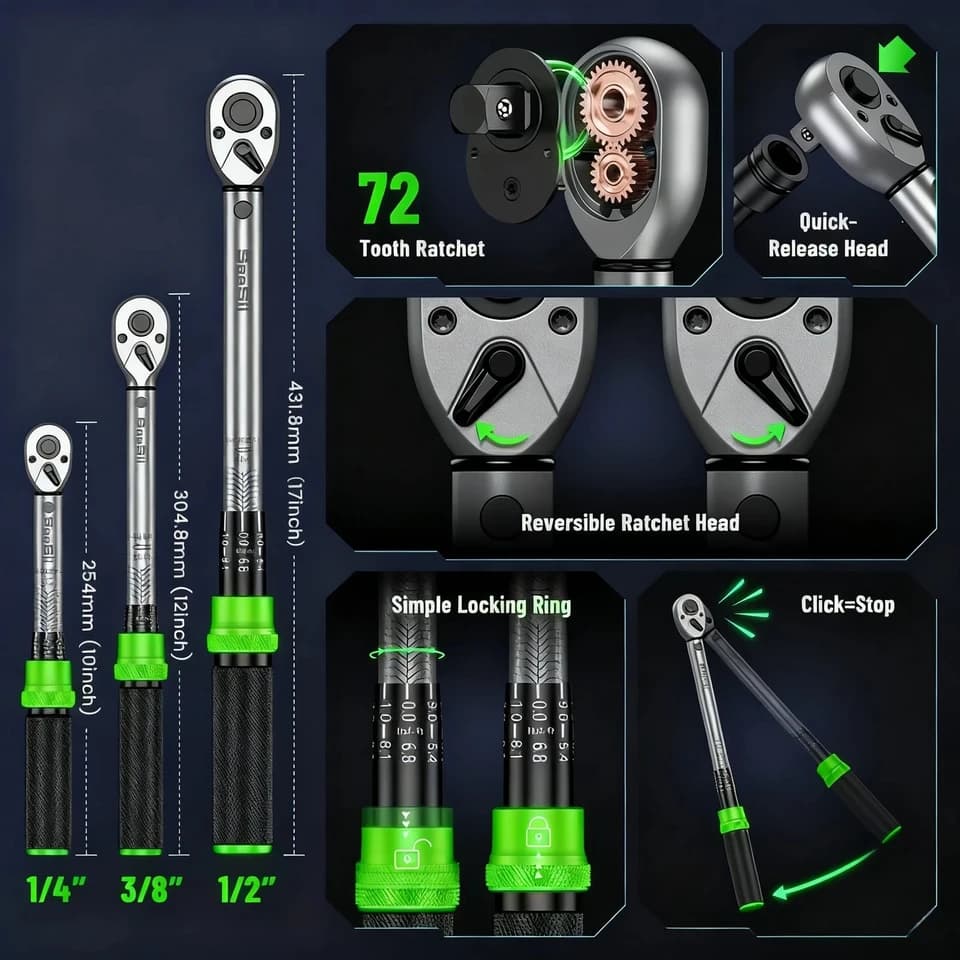TaskStar Torque Wrench Set | 1/4", 3/8", 1/2" Drive | 72 Teeth, ±3% Accuracy - Thumbnail 4