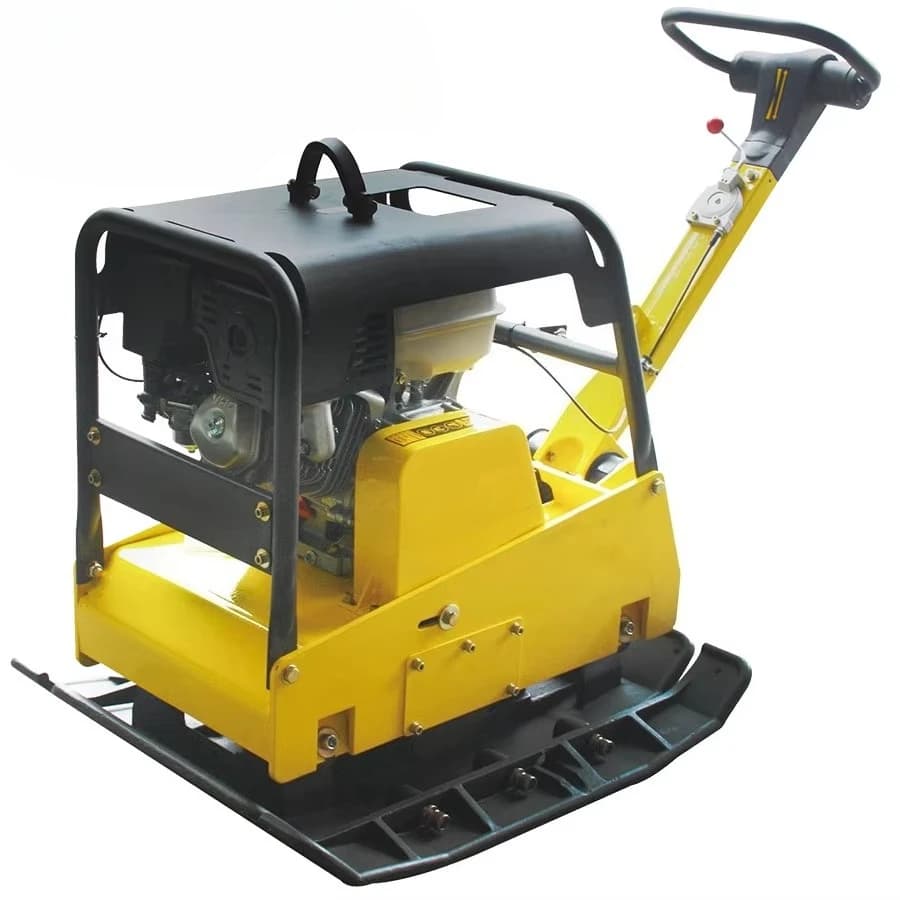 PME-CY300 portable hydraulic reversible plate compactor with 300kg capacity, shown compacting soil on a construction site.