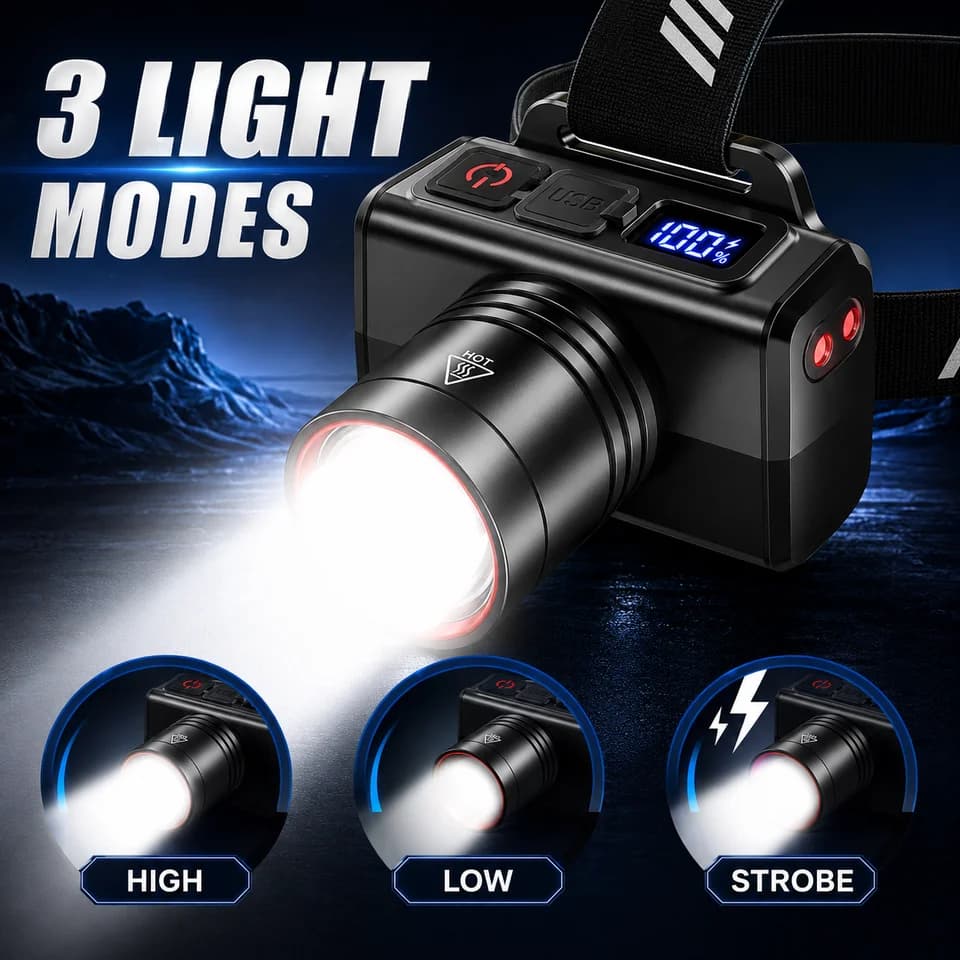 LED Rechargeable Head Torch | Adjustable Zoom & Ultra Bright | USB for Work & Outdoors - Thumbnail 5