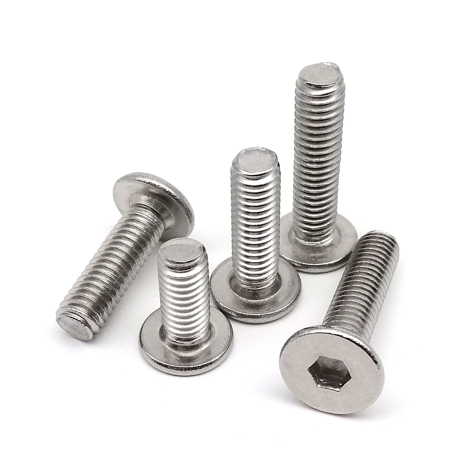 Ultra-thin low-profile stainless steel A2-304 hex socket wafer head screws in sizes from M1.6 to M8, available in sets of 5, 10, or 50.