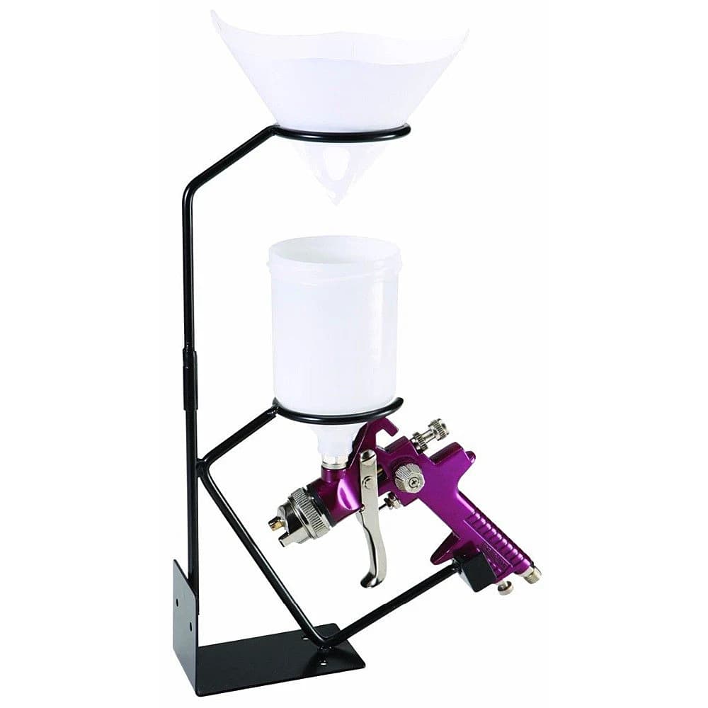 Steel storage rack with paper funnel holder for organizing car paint sprayer accessories and spray guns in workshop or household.