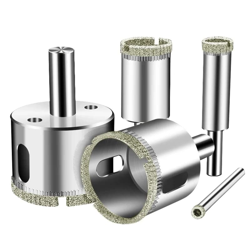 Diamond-coated glass hole saw drill bit set for tile, marble, and granite. Includes 1, 2, or 10-piece options with sizes from 3mm to 200mm.