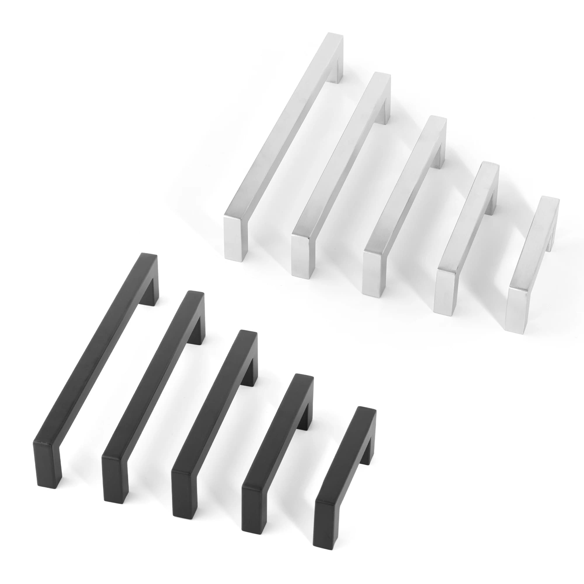 Two square black stainless steel furniture handles with wooden door pulls, suitable for kitchen cabinets, closets, drawers, and sliding doors.