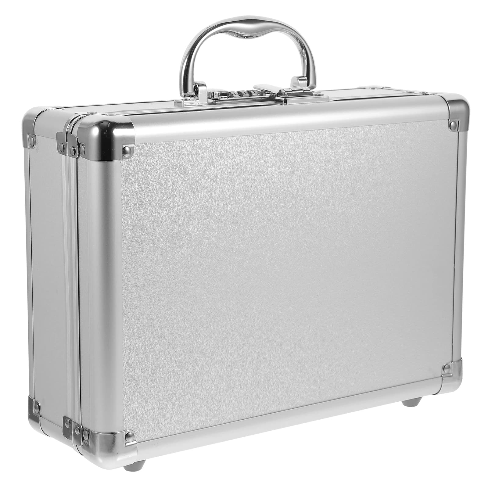 Metal briefcase-style toolbox with combination password lock, portable handle, and organized interior compartments.