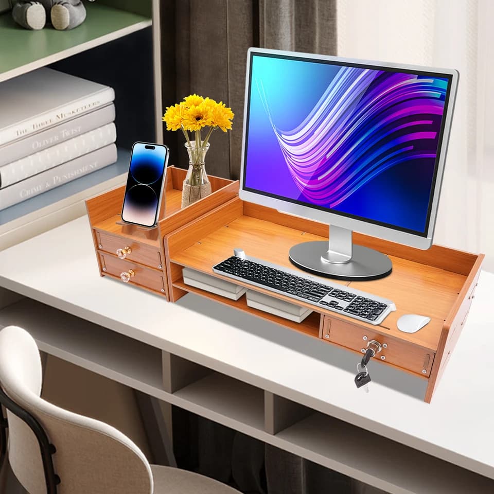 Wood Monitor Stand with Drawers | Desktop Laptop Riser | Phone Holder - Thumbnail 5