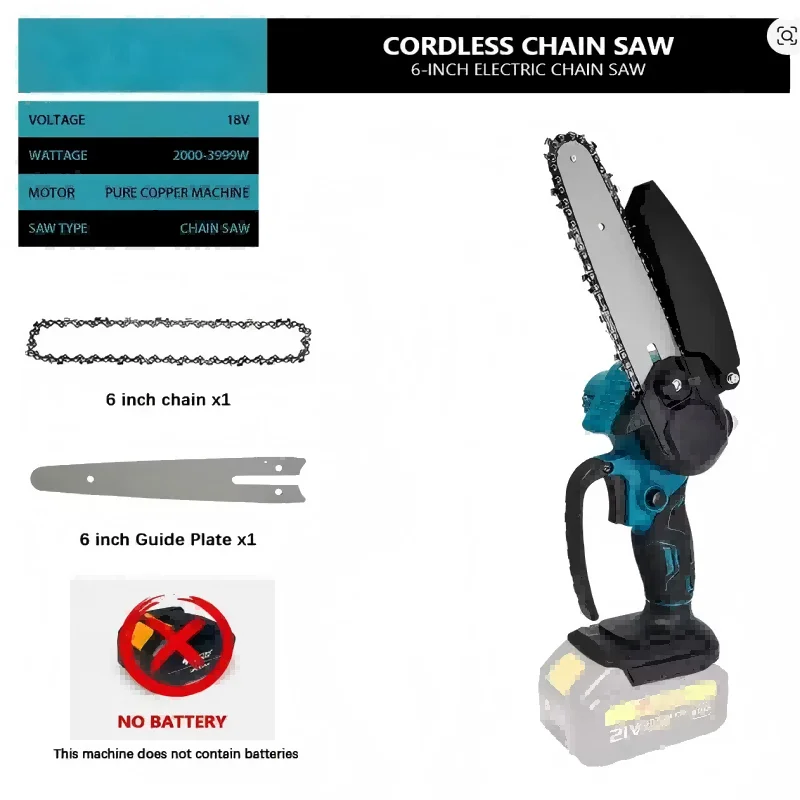 One-handed 18V Makita battery-powered mini chainsaw with a 6-inch bar, perfect for light pruning and small cutting tasks.