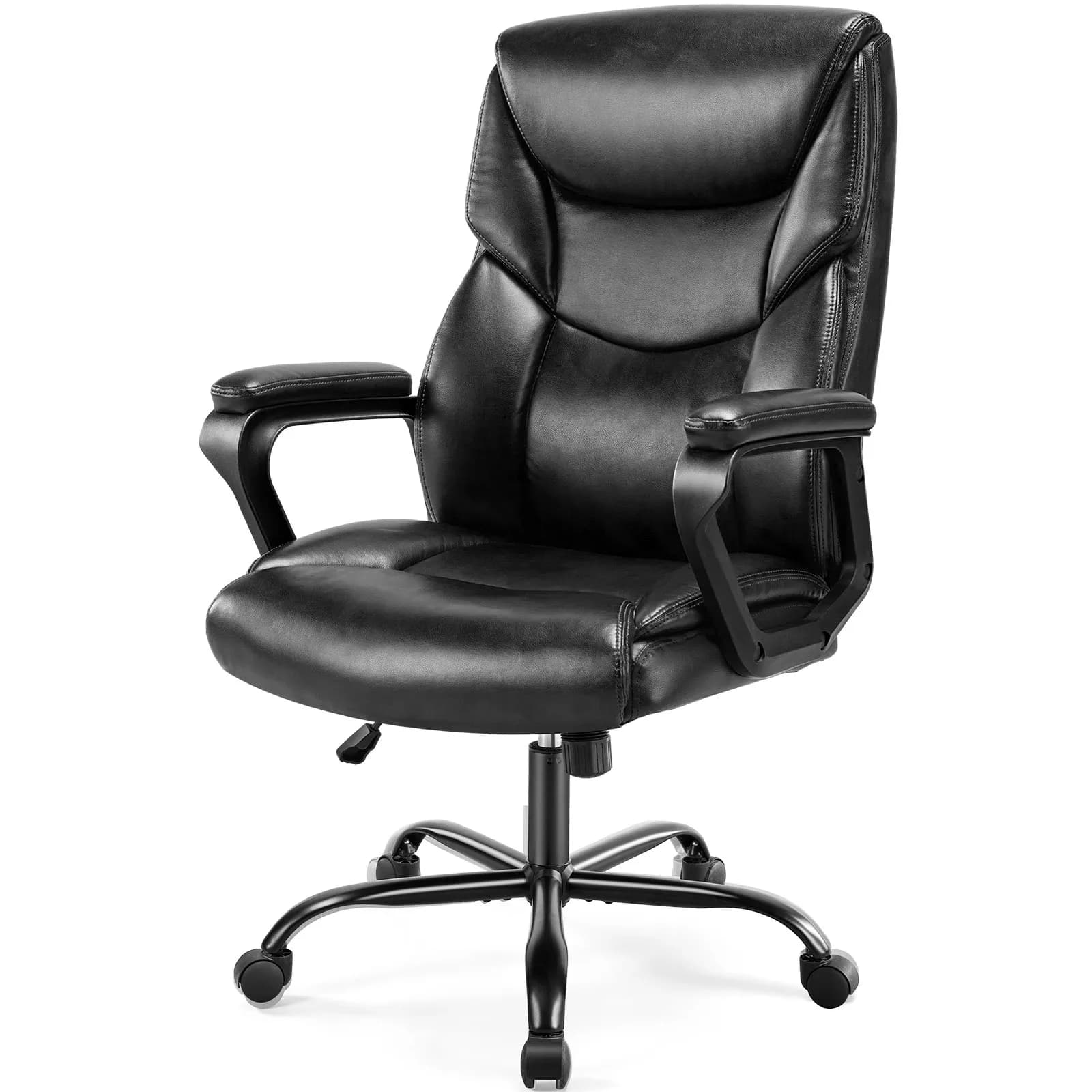 Ergonomic PU leather rocking gaming chair with padded armrests, lumbar support, and swivel wheels for living room or gaming use.