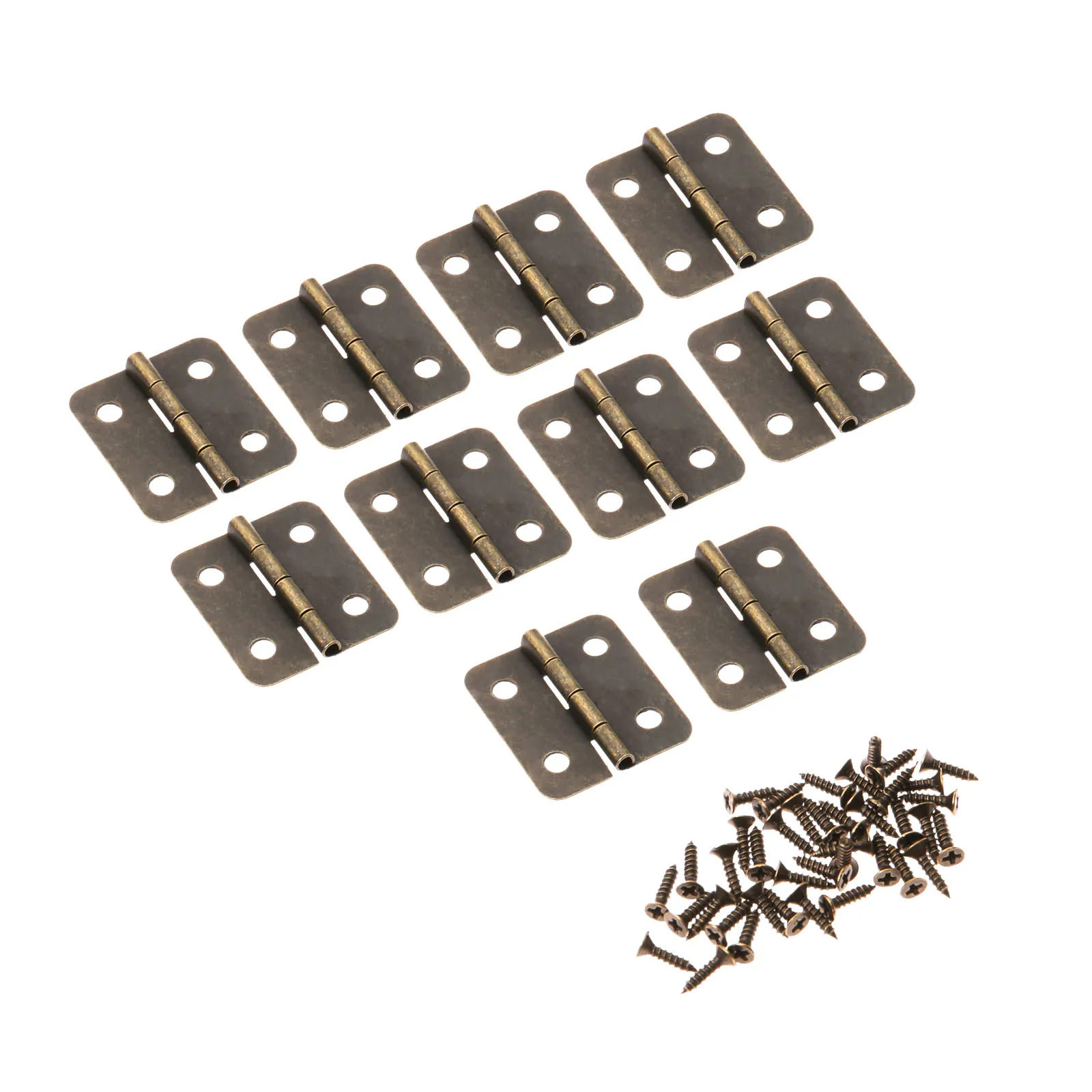 Ten miniature 30x25mm hinges with screws for cabinet drawers, jewellery boxes, or small furniture. Compact hardware suitable for lightweight door applications.