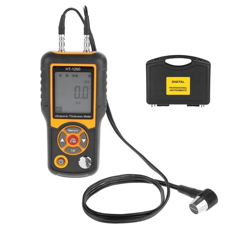 Professional LS239 coating thickness gauge with three-color backlit display, measuring car paint on a red automotive panel.