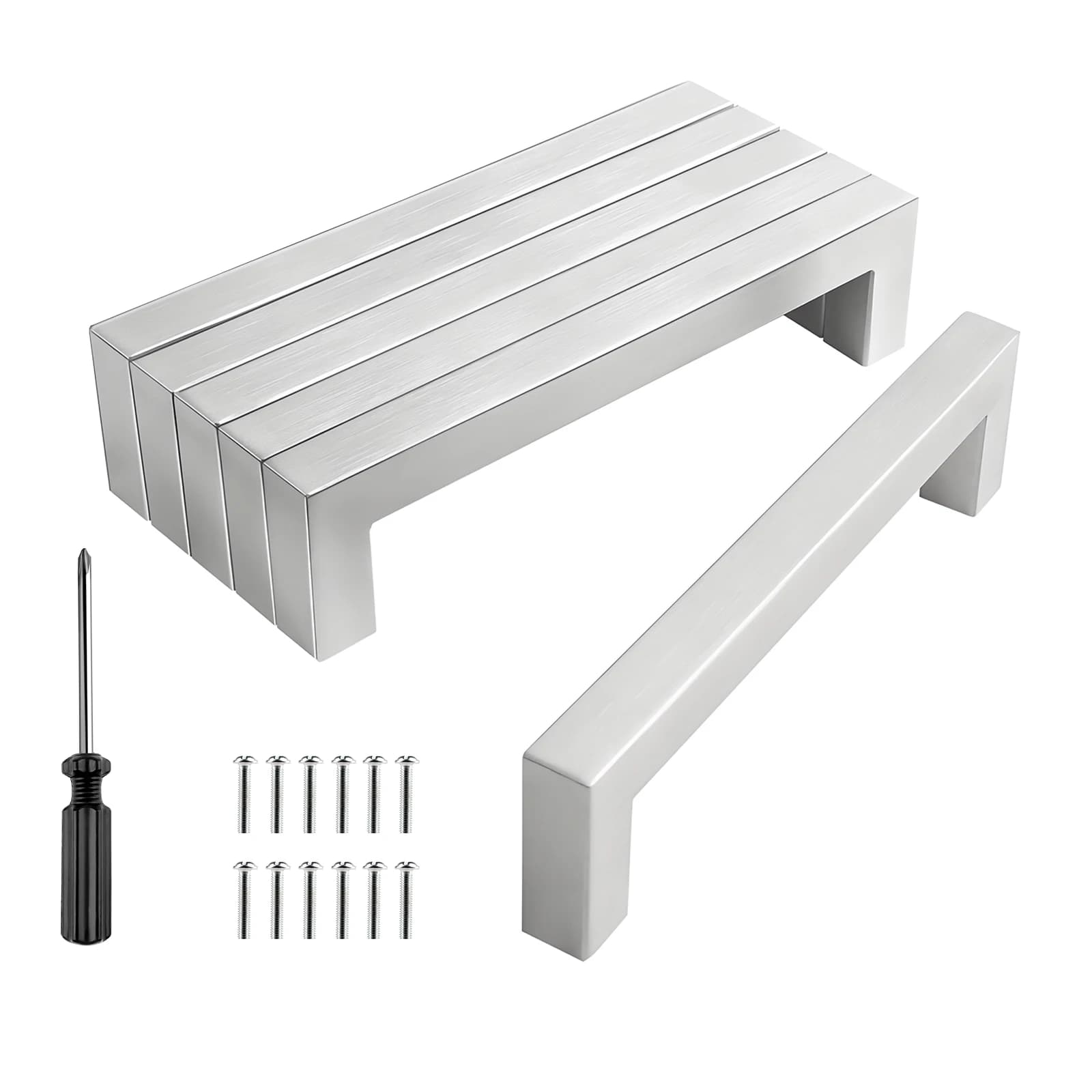 Square stainless steel cabinet handles in multiple lengths for cupboard doors and drawer pulls with modern hardware.