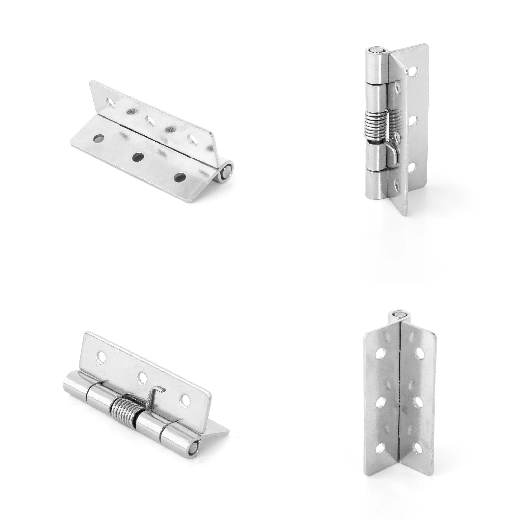 Pair of stainless steel spring hinges for self-closing cabinet doors, suitable for kitchen cabinets, cupboards, and wardrobes.