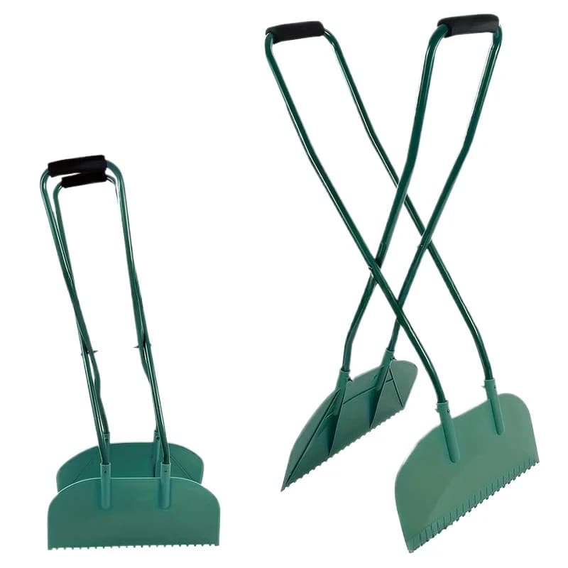 Stainless steel manual leaf grabber with extended handle, designed to collect and hold fallen leaves efficiently for yard and lawn cleanup.
