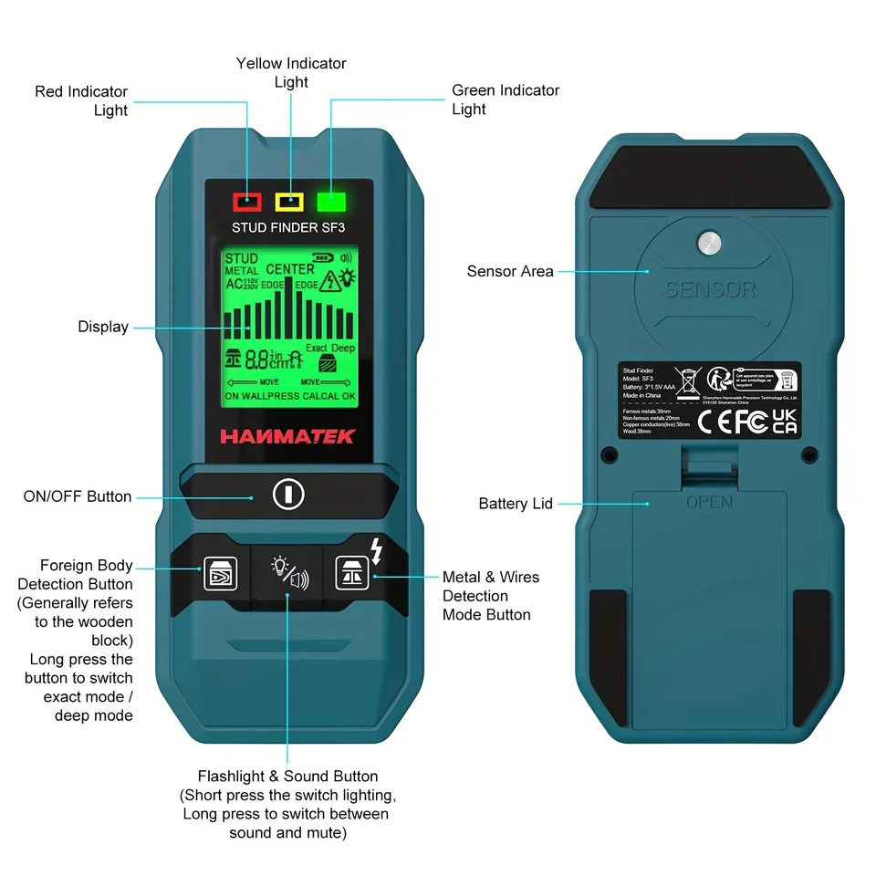 HANMATEK SF3 Stud Finder | Wall Scanner for Metal, Studs, AC Wire | Pipe Detection - Thumbnail 2