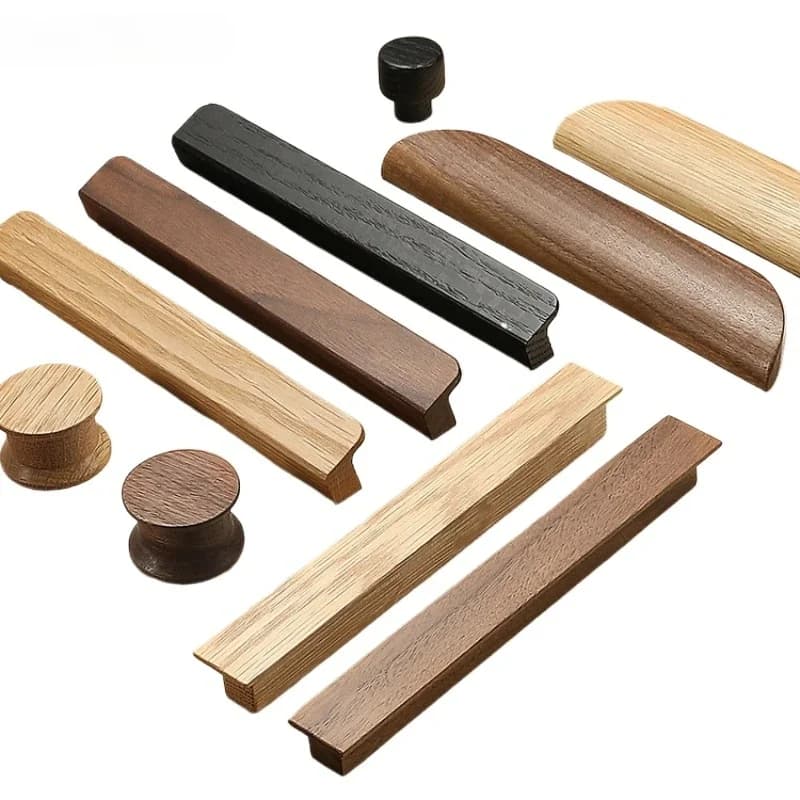 Natural walnut wood wardrobe door handle with extended design, featuring a high-end finish for kitchen cabinets and drawers.