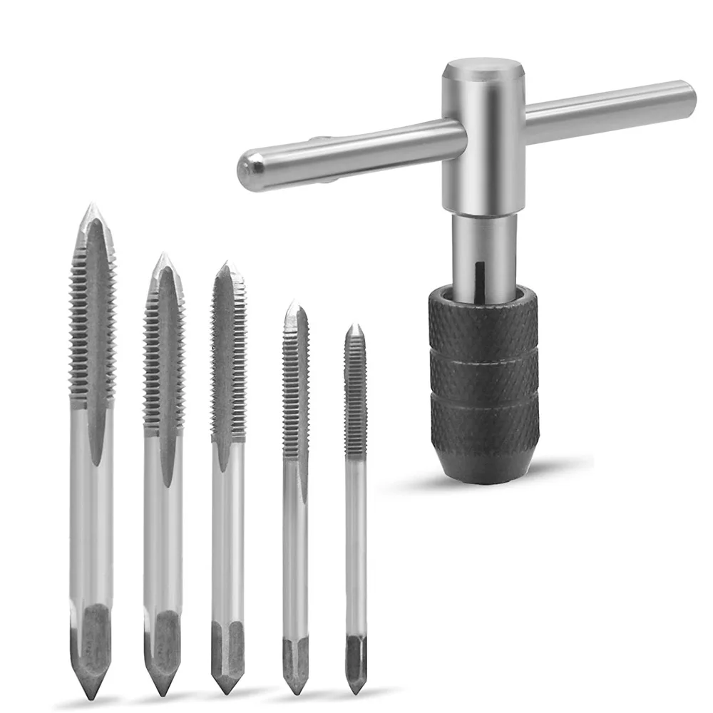 Professional T-handle tap wrench with adjustable chuck for M3 to M8 taps and drill bits, set on a workshop bench.