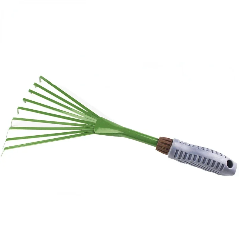 A 9-tooth garden rake with a 15.5-inch head and comfort grip handle, designed for raking leaves, grass, and cleaning pet waste from lawns and gardens.