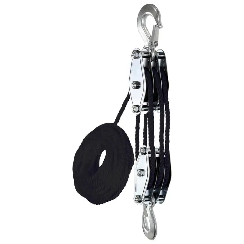 Heavy duty 2200 lb capacity block and tackle pulley system with 50 feet of rope and 6:1 mechanical advantage for lifting.