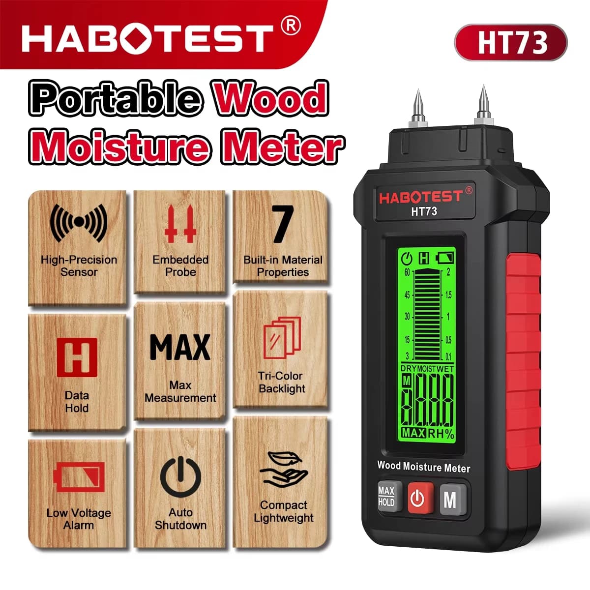 Wood Moisture Meter | 0-58% Detection Range | Backlit Digital Display for Building Materials - Thumbnail 2