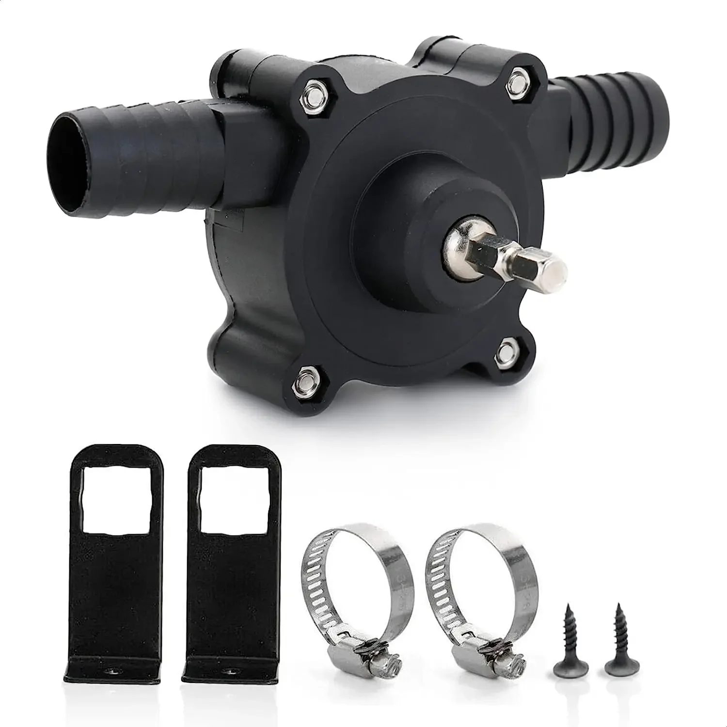 Small household portable water pump powered by an electric drill, for self-priming liquid transfer in garden, outdoor, or workshop tasks.