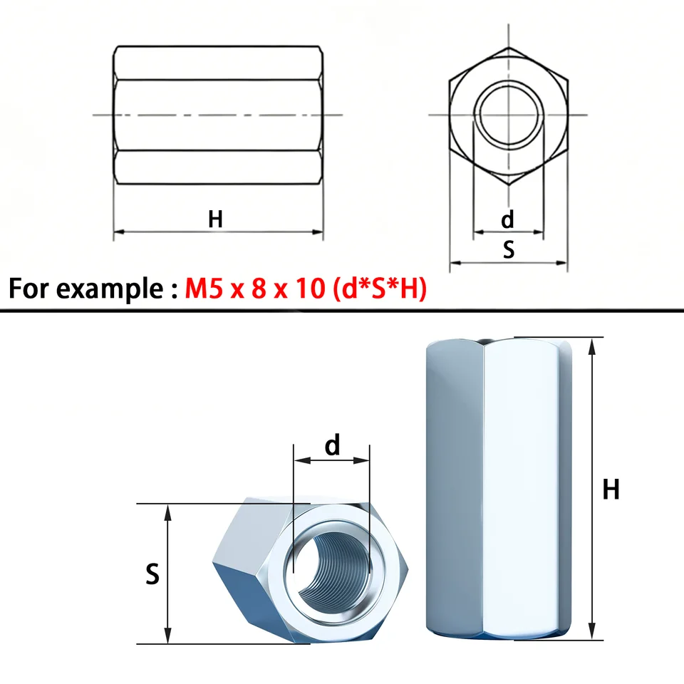 M4-M16 Zinc Plated Hex Coupling Nut | Standoff Rod Connector | For Ladder Standoffs & Gutters - Thumbnail 3