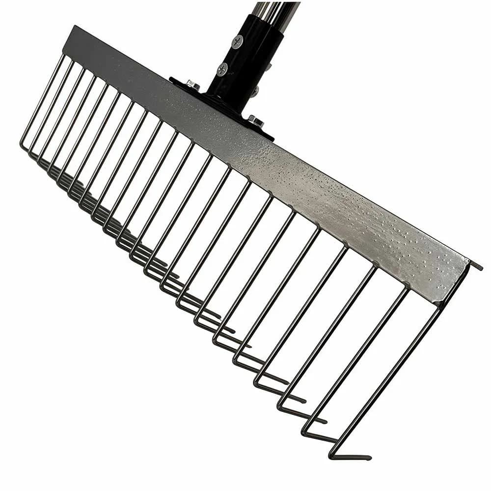 Multifunctional 21-tooth stainless steel nail rake for agricultural and garden use, raking grass and loosening soil efficiently.