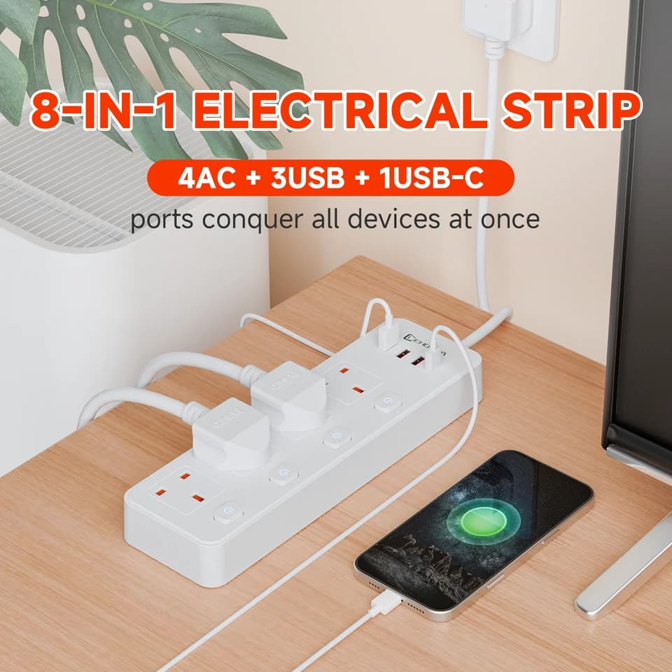UK Plug Extension Lead | Switched Outlets & USB-C | 1.8m Cable, Surge Protected - Thumbnail 4