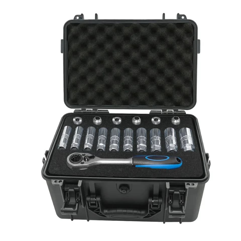 Portable Tool Box with a socket wrench set, open black case on white.